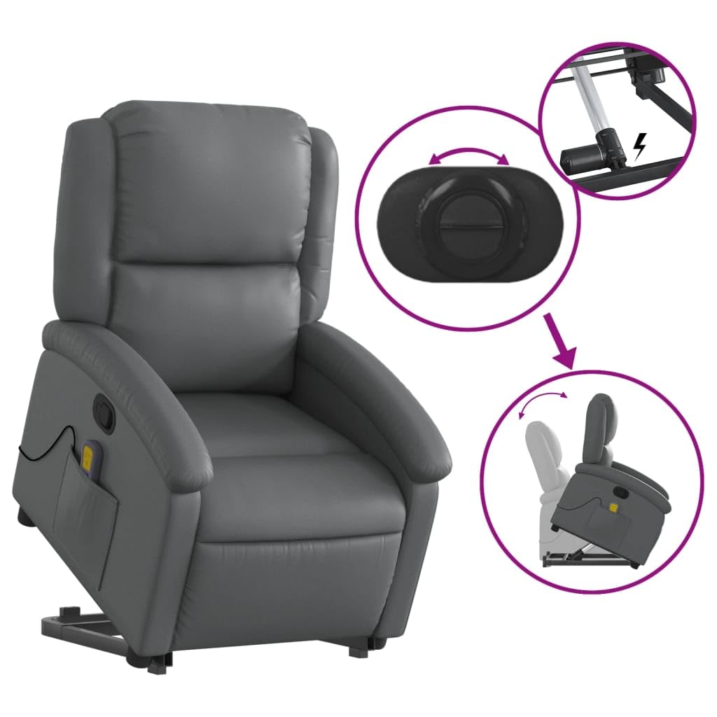 Sillón elevador reclinable con masaje de 6 puntos, color gris, piel sintética, función de elevación eléctrica y vibración, estructura estable de madera y metal, asiento cómodo