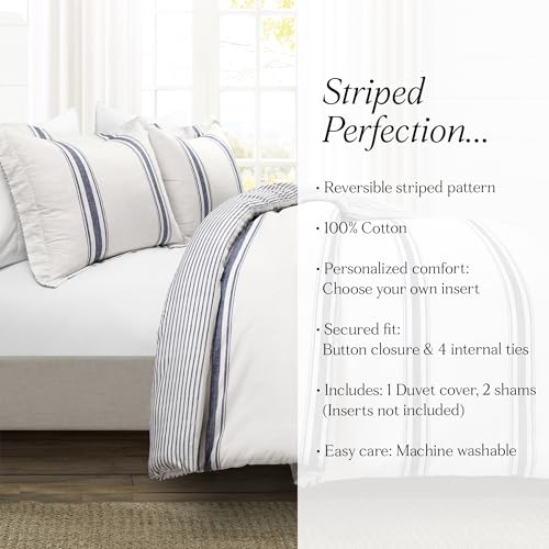 Image of Lush Decor Farmhouse Stripe Reversible Cotton Duvet Cover King Size 3 Piece Set Navy - Farmhouse Bedding Set King - Striped Duvet Cover