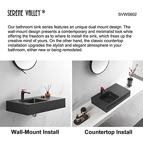 Serene Valley Bathroom Sink, Wall-Mount Or On Countertop, 40" With Square Sink And Flat Space, Single Faucet Hole, Premium Granite Material In Matte Black #TOP4