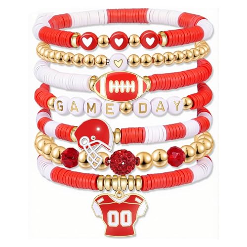 Football Bracelets for Women Football Game Day Bracelets Layered Stacking Bead Stretch Rugby Bracelet Rugby Helmet Mom Bracelet Sporter Jewelry for Women