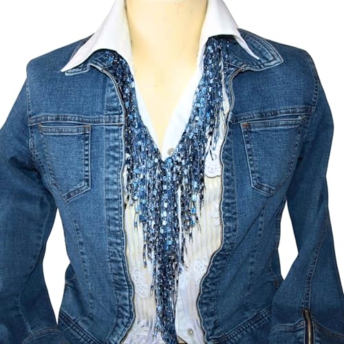Scarf Necklaces for Women Lightweight - Blue Fringe Scarves Dressy Summer- Denim Blue Necklaces for Women - Western Neck Scarf Wild Rag for Woman - Sparkly Lace Spring