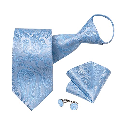 Image of DiBanGu Silk Zipper Ties for Men,Paisley Solid Plaid Pre-tied Tie and Pocket Square Cufflinks Set Formal Adjustable Necktie