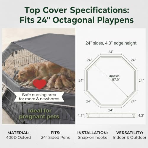 Image of PJYuCien Puppy Playpen with Top Cover & Bottom Pad, 8 Panels 30 inch H, Gray | 24 inchW, Small Pet Safe Sanctuary, Foldable Octagonal Pen, Versatile, Indoor & Outdoor, Backyard Pasture, Protects Floors
