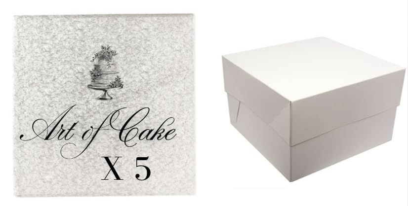 Art of cake -Pack of 5, 7 inch Square 12mm thick cake board (drum board) and box -Pack of 5 silver, 7 inch Square cake board and box