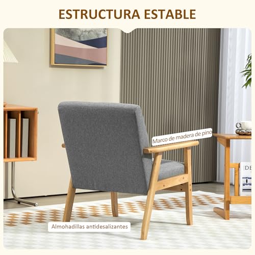 Miniatura 5 de Homcom Sillón Individual Sofá Individual Tapizado En Lino Con Reposabrazos De Madera Respaldo Acolchado Carga 130 Kg Sillón Para Salón Dormitorio Gris Claro