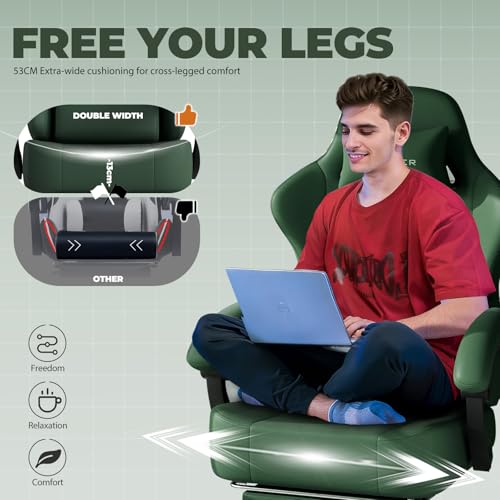 Image of GTPLAYER Gaming Chair with Pocket Spring Cushion, Big and Tall Gamings Chairs 350LBS High Back Computer Chair with Footrest for Adults Lumbar Support Swivel Game Chair for Office, Leather Green