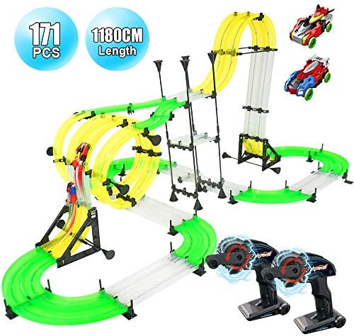 Elec3 RC Car Race Track Set, Racing Track Car Toys, 1180cm DIY Double Rail Car Race Track Set, 2 Cars, 2 Hand-Operated Controllers, 3D Super Track Car Playset for Birthday Party Festival Gift