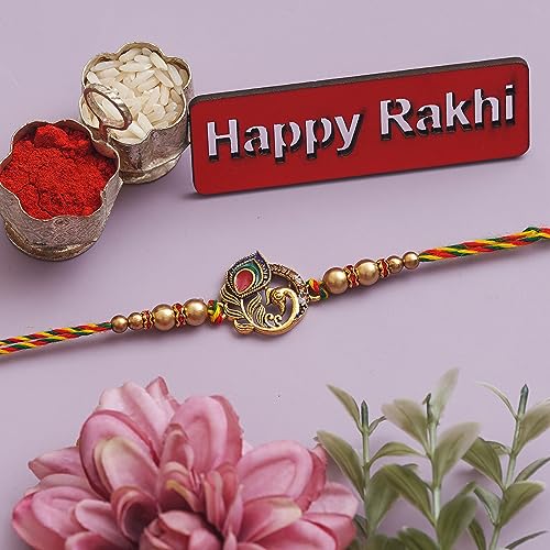 Image of eCraftIndia Pack of 100 Golden Peacock Colorful Feathers Designer Rakhi for Brother Bhaiya Bhai | 100 Best Bro Ever Fridge Magnets | Roli Chawal Pack | Raksha Bandhan Gift Set