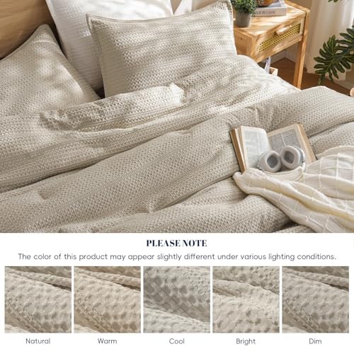 Image of PHF Soft Waffle Comforter Set King Size- Comfy Breathable Waffle Weave Comforter with 2 Pillow Shams, 3 Pieces Less Snagging Lightweight Textured Bedding Set for All Season, Natural /Linen
