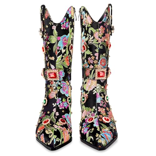 LOCERICH Women Rhinestone Cowboy Sparkly Cowgirl Boots Diamond Western Floral Embroidery Mid Calf Booties3