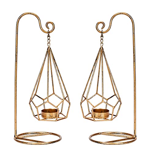 Antique Gold Geometric Candle Holders，Juconsin Candle Holders Hanging Tealight Holder With Display Stand Rack For Home Decor, 2 Pieces #TOP1