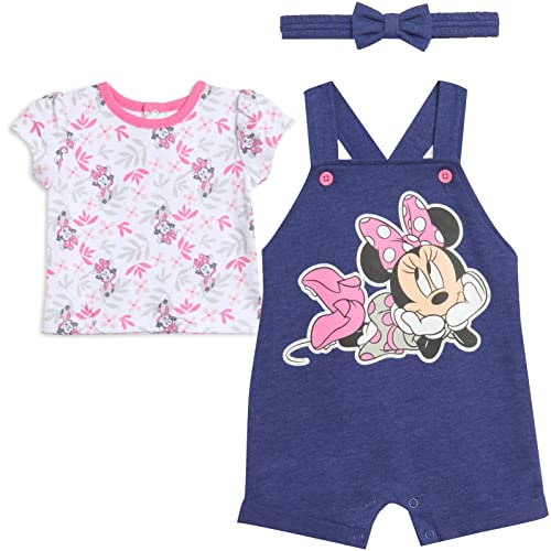 Image of Disney Minnie Mouse Baby Girls French Terry Short Overalls T-Shirt and Headband 3 Piece Outfit Set Newborn to Infant