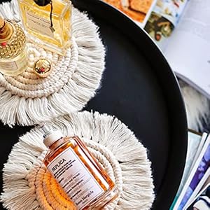 Boho Coasters Set of 2, Cute Drink Coasters Absorbent for Desk, Farmhouse Handmade Woven Macrame Coaster for Mugs Cups - Home Decor Housewarming Gift, Round Beige Boho Coasters Set of 2 Cute Drink Coasters Absorbent for Desk Farmhouse Handmade Woven Macrame Coaster for Mugs Cups Home Decor Housewarming Gift Round Beige