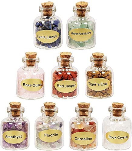 Nupuyai 9pcs Mini Bouteilles de Souhait en Cristal Pierres à copeaux naturels, Ensemble de Pierres de guérison Reiki Chakra pour la décoration de Bureau à Domicile et la Fabrication de Bijoux Cover