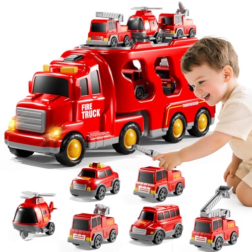 MSKOLER Fire Truck Toys for Toddler 3-5, 7-in-1 Fire Car Carrier Vehicle Set for Girls 3 4 5 6 Years Old, Car with Light Sound, Birthdays Gifts for Kids Girls Aged 3-9