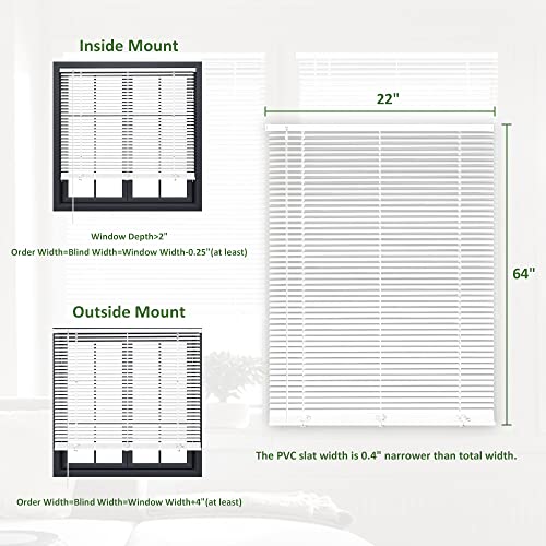 Kokorona Cordless Mini Blinds Horizontal Venetian Blinds Vinyl Window Shades Light Filtering Privacy Room Darkening Blinds For Bedroom, Kitchen, Office, 22" W X 64" H, White #TOP5