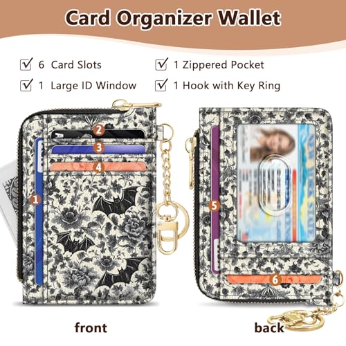 Image of GIANCOMICS Slim Wallet Credit Card Holder Women, Goth Bat Rfid Blocking Small Card Case, Keychain Thin Pocket Curved Zipper Wallet, Travel Card Holder PU Leather ID Window, Ladies Female Gifts
