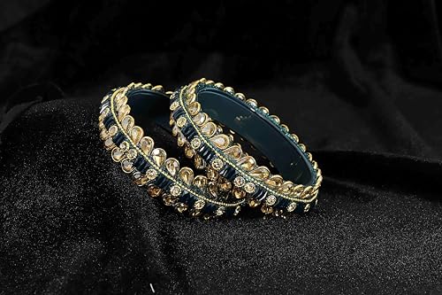 Image of NMII Glass Golden Zircon Stone & Kundan Beads Kada Set For Women & Girls | Fancy Design Kada Bangles | Traditional Look Kangan | Glass Bangles For Women Wedding, Party, Function, Daily use
