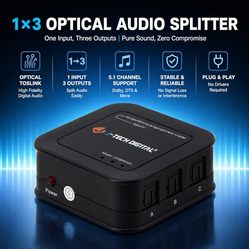Image of J-Tech Digital 1x3 Optical Audio Splitter, 1 in 3 Out Toslink SPDIF Digital Audio Splitter for TV, Soundbar, Home Theater, Digital Audio 5.1 LPCM2.0, Plug and Play [JTD-SP0103]