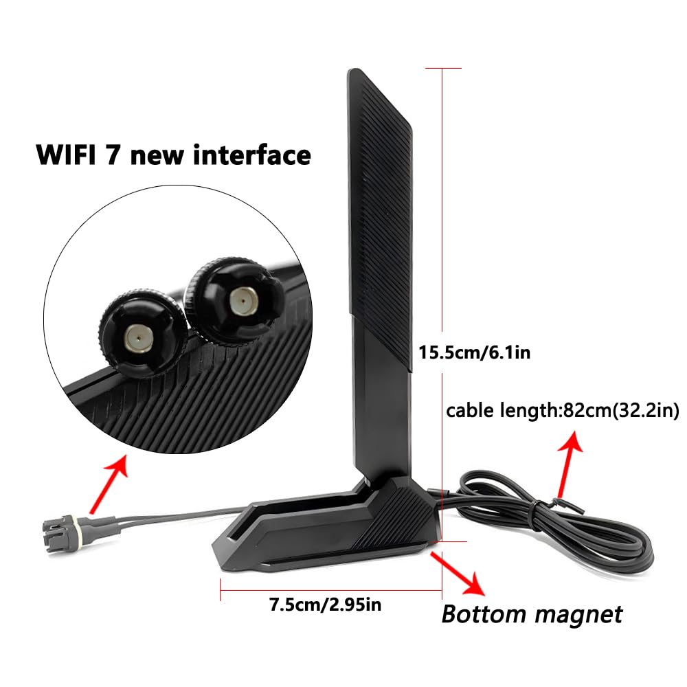 Gintai WiFi 7 Antenne pour ASUS ROG Crosshair X870E/STRIX B850 B860 X870 Z790 Z890/ Maximus Z890 Z790 WLAN Amplifiers WiFi 7 Carte Gaming Tri-Bande 12dBi Bluetooth 5.4,Base Magnétique (Black)