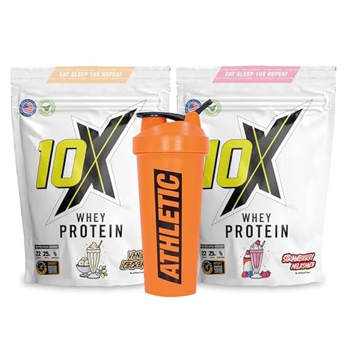 Amazon 10X Athletic ONLY WHEY Stack | 2 Whey Protein + 1 Shaker | 25g Protein | Fast-Absorbing Whey for Muscle Recovery, High in BCAAs & EAAs | Vanilla Ice Cream & Strawberry Milkshake |30 Servings Each #ad