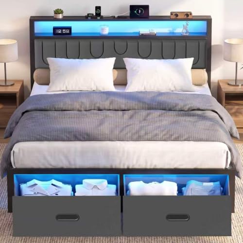 Image of Queen Bed Frame with 2 Drawers, Platform Bed Frame with LED Lights and Charging Station, Upholstered Headboard, Heavy Duty Metal Slats, No Box Spring Needed, Noise Free, Easy Assembly