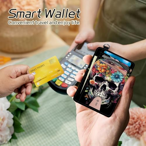 Image of Small Travel Wallets, Sugar Skull Flowers Slim Minimalist Front Pocket Wallet with Wristlet, RFID Blocking PU Leather Credit Card Holder with ID Window Change Purse for Men Women