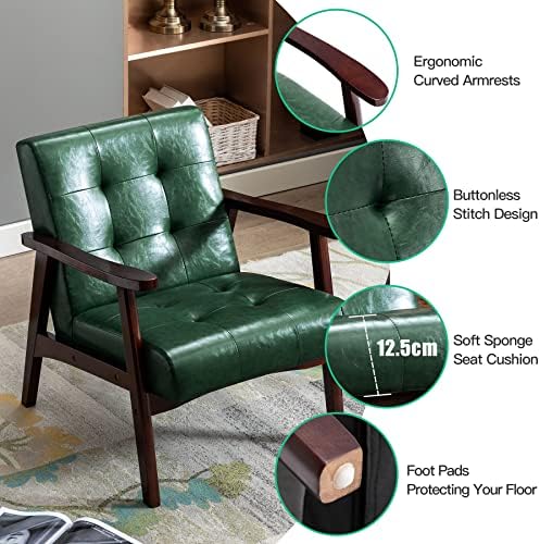 HomeMiYN Mid-Century Armchairs Retro Tufted Faux Leather Accent Chair with Wood Arms Vintage Upholstered Club Chair for Living Room Bedroom (Classic, Green)
