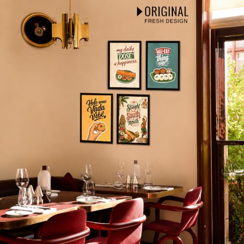 Image of Chaka Chaundh - Restaurant wall decoration items - Cafe quotes wall frames - Idli walls frame - Food wall frame art - Dosa wall frame poster, Medu vada wall frame, . South indian food frame poster wall art. ( 14X11 inch. Set OF 4 )