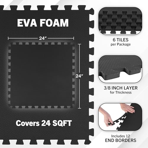 Image of EVA Foam Mat Tiles 6-Pack - 24 SQ FT of Interlocking Padding for Garage, Playroom, or Gym Flooring - Exercise Mat or Baby Playmat by Stalwart (Black)