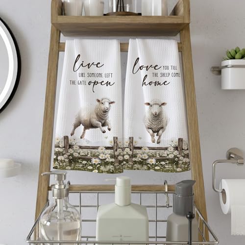 Fayellee Farmhouse Funny Sheep Kitchen Towels Set of 2,Live Like Someone Left The Gate Open Decorative Dish Towels Gift for Bathroom Farmer, Easter Rustic Floral Hand Tea Towel for Home Farm 16x24in by Fayellee - Used condition - Image 5