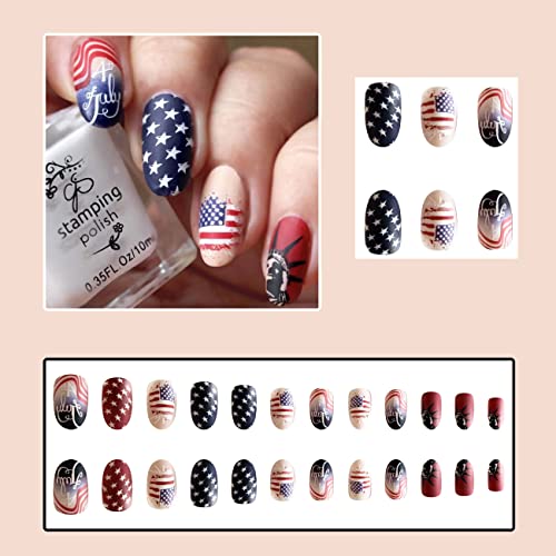 Independence Day Press On Nails Short 4Th Of July False Nails Designs Red Blue Patriotic Star Nails Designs America Acrylic Nails Tip Usa American Flag Fake Nails Fourth Of July Nails For Women 24Pcs #TOP1