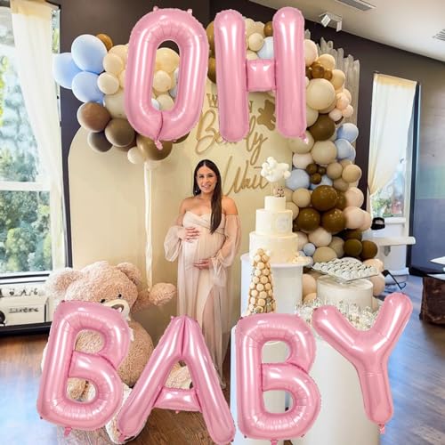 Image of 40 Inch Pastel Pink OH BABY Balloon for Baby Shower, Large Light Pink OH BABY Balloon Letters with Ribbon, Pearl Pink Alphabet Balloons Banner Sign for Girl Birthday Party Backdrop Decorations