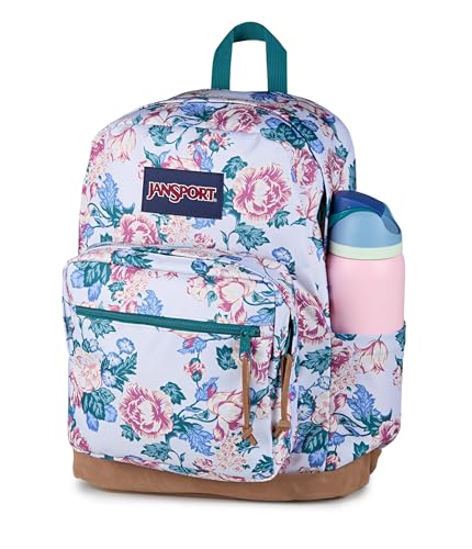 Image of JanSport Right Pack Backpack - Durable Daypack with Padded 15 inch Laptop Sleeve, Spacious Main Compartment & Integrated Water Bottle Pocket - Rustic Roses Moon Flower /Blu /Pnk /Grn