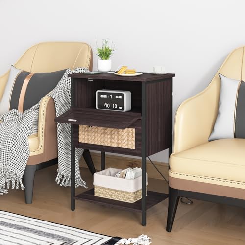 End Table with Charging Station, 2 Tier Rattan Decorated Nightstand with USB Ports and Outlets, Bedside Table with Drawer, Modern Sofa Side Table for Bedroom, Living Room, Office, Cherry Red - Thumbnail 7