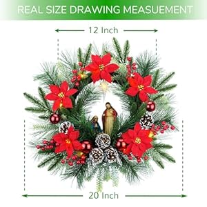 YULETIME 20" Pre-Lit Nativity Wreath, Battery Operated with 10 Fairy Lights, Holy Family Nativity Statue, Star of Bethlehem, Pine Cones, Red Poinsettia & Berries, Pine Needles (Nativity Poinsettia) YULETIME 20 Pre Lit Nativity Wreath Battery Operated with 10 Fairy Lights Holy Family Nativity Statue Star of Bethlehem Pine Cones Red Poinsettia Berries Pine Needles Nativity Poinsettia