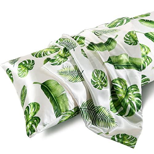 Image of MR&HM Satin Body Pillow Cover, Soft and Breathable Body Pillow Case with Envelope Closure, Cooling and Silky Long Pillowcase for Hair and Skin,Grey (20x54, Leaves)
