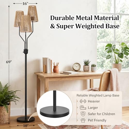 Bairth Boho Floor Lamp, Farmhouse Rattan 3-Light Floor Lamp for Living Room - image 6