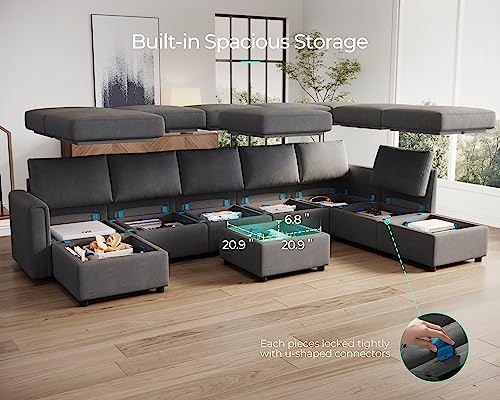Linsy Home Modular Sectional Sofa, Oversized Sectional Couch With Storage, Ottomans, Modular Sectional Sleeper Sofa With Memory Foam, 9 Seat U Shape Sofa Set For Living Room, Dark Grey #TOP5