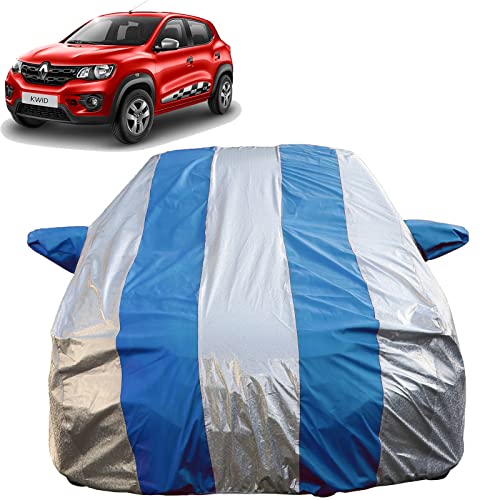Image of Autofact Waterproof Car Body Cover Compatible with Renaults Kwid (2015 to 2020) with Mirror Pockets (Blue Stripes with Shinning Silver Fabric /Waterproof Cover)