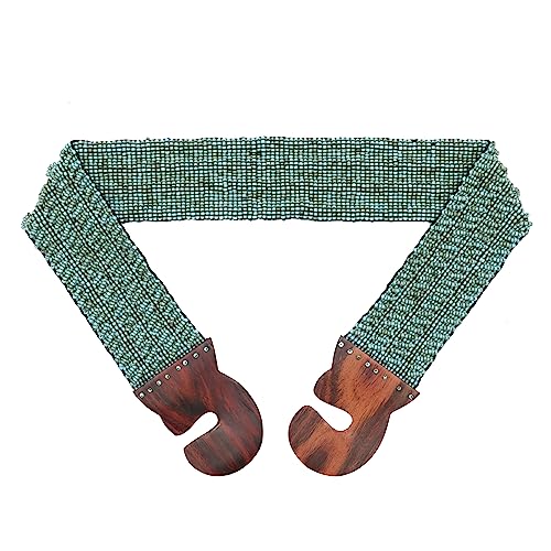 Beaded Women's Belt from Bali - Turquoise Color Elastic Western Style Cinch Belt, Wood Hook Buckle 32-39-inch, 2.5 Width 2-mm Glass Beads GIFT BOXED3