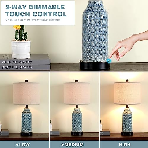 Ceramic Table Lamps for Bedroom Set of 2,Touch Lamp with USB Ports for Nightstand, 3-Way Dimmable Blue Coastal Bedside Lamps for Bedroom Living Room End Table Side Table(Bulbs Included) - Image 3