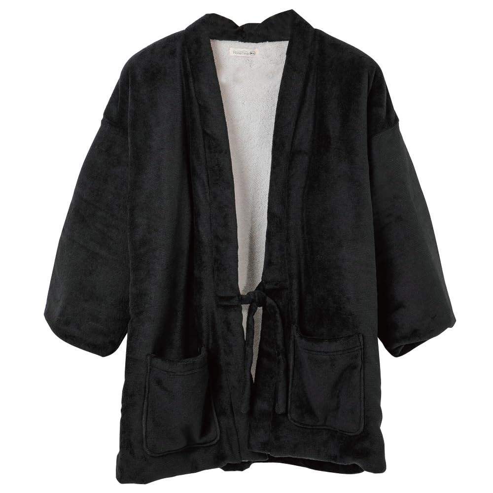 San Men's Wear Co., Ltd. Hanten Fleece Hanten Dotera Chanchanko Back Boa Insulated Gown Sleepwear Wearable Blanket HT3600 Filled with Medium Cotton Wadding for Extra Warmth, Japanese Hospitality LL 01 Solid Black