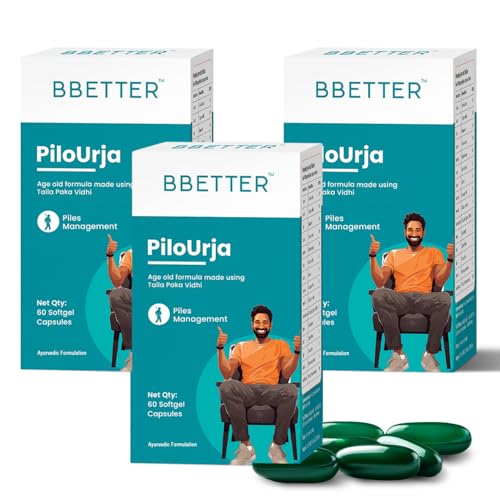 Image of BBETTER PiloUrja - Lab Tested Ayurvedic Medicine for Relief from Piles Pain, Itching & Burning | Made by Taila Paka Vidhi Method | 180 Softgels