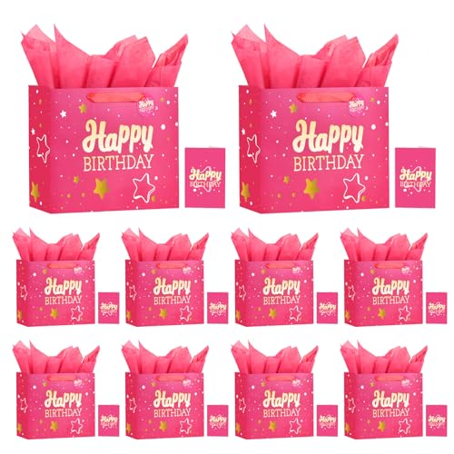 Image of Powbrace 13 inch Pink Happy Birthday Gift Bag with Tissue Paper and Greeting Card for Party,Happy Birthday Gift Bag for Men Women,Gift Bags Medium size(10 PCS Pink Hot Stamping)