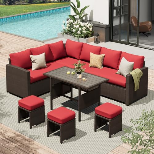 AECOJOY Outdoor Patio Furniture Set, 7 Pieces Clearance Sectional Rattan Dining Table&Chairs, All Weather Wicker Conversation Sofa Couch with Ottoman, Red Cushions&Brown Rattan