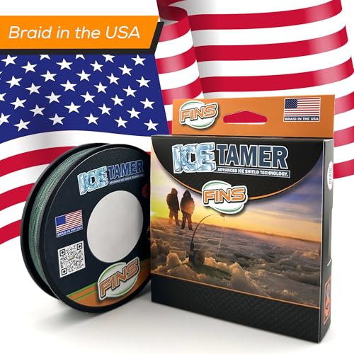 FINS Icetamer Ice Fishing Braid - USA Made - Zero Water Absorption, Sub-Zero Performance, No Icing Issues, High Knot-Strength, Micro Diameter, Round Profile - Green - 20 lb - 50 Yds