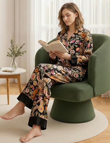Image of Yimoon Satin Pajama Set for Women Silk Pajamas Set 2 Piece Floral Cute Pj Set Long Sleeve Pjs Sleepwear