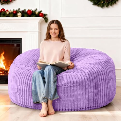 Image of HABUTWAY 5FT Bean Bag Chair, 5' Large Bean Bag Chairs for Adults with Removable Stripe Plush Cover, Memory Foam Beanbag Chair for Living Room Bedroom Dorm (Purple)