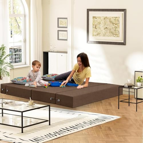 Image of Rosebell-4x6-Feet Modern Sofa Bed, Space-Saving Folding Couch with Jute Fabric, Dual Floral Accent Cushions, Compact Sleeper Sofa for Living Room, Guest Room & Small Apartments-Brown
